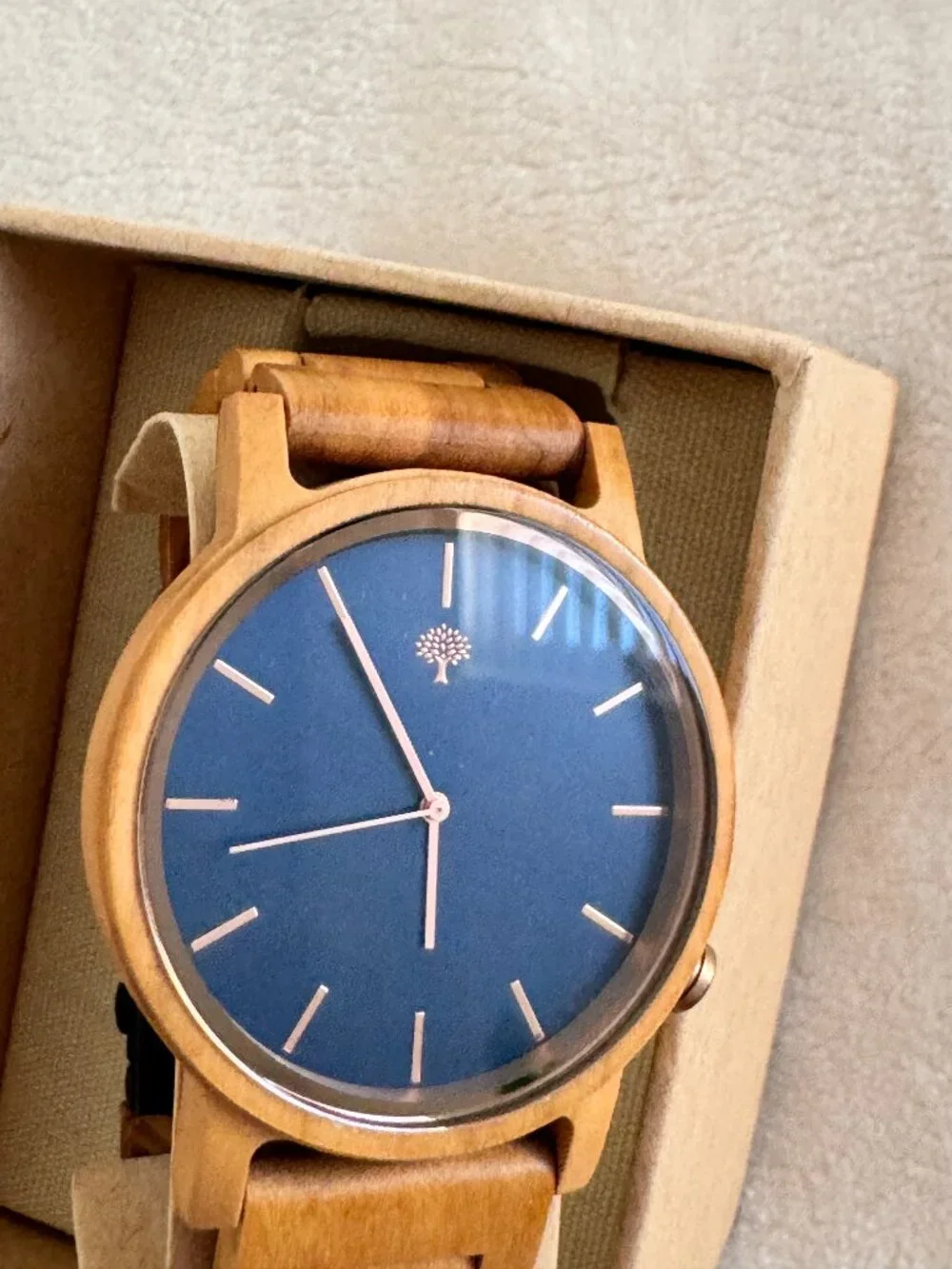 Lux Woods Wooden Watch Blue Dial Natural Wood Bracelet Mens NIB Not Working READ